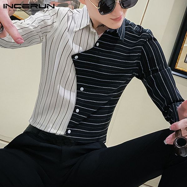 

incerun fashion men dress shirt personality striped patchwork 2019 fitness lapel long sleeve brand camisa party clubwear shirts, White;black
