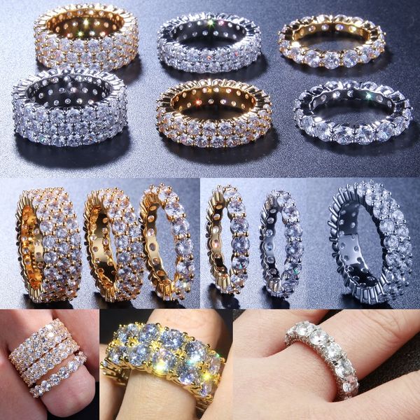 

iced out hip hop jewelry men's shining 1 2 3 row cubic zirconia rings gold color silver color, Golden;silver