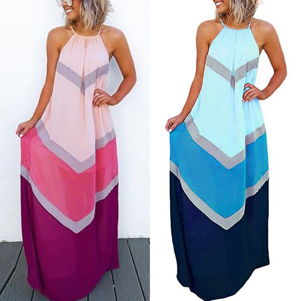 

summer dresses casual fashion elegant dress women's halter striped color patchwork pleated back hollow out maxi long dress @122, Black;gray