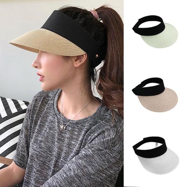 

summer straw sun hat simple women outdoor backable sun visor hats for women wide brim uv protection female chapeau femme ete, Blue;gray