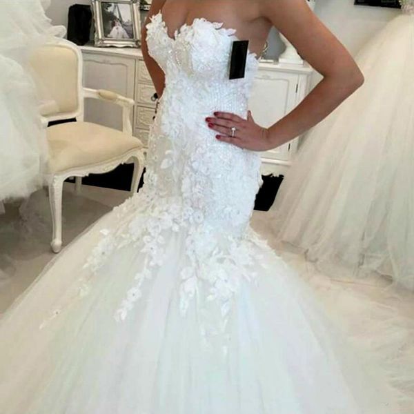 

romantic lace mermaid wedding dresses appliques sweetheart tulle bride dresses back button long wedding gowns custom made, White
