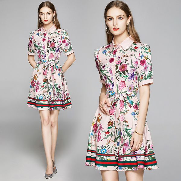 

new spring summer fall runway vintage floral print collar bow belt long sleeve button front women ladies casual party a-line midi dress, Black;gray