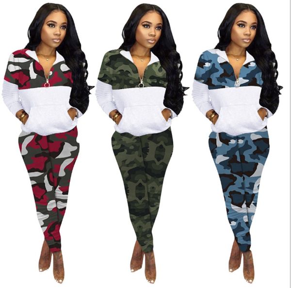 Plus size feminino camuflagem roupas de inverno 2 pçs conjunto pulôveres hoodies + calças corredores terno casual pulôver retalhos treino roupas esportivas 2357