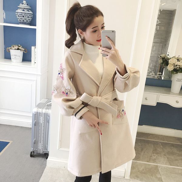 

coat women 2018 casual new wool winter coat female lantern sleeve turn-down collar beltes casaco feminino appliques beading, Black