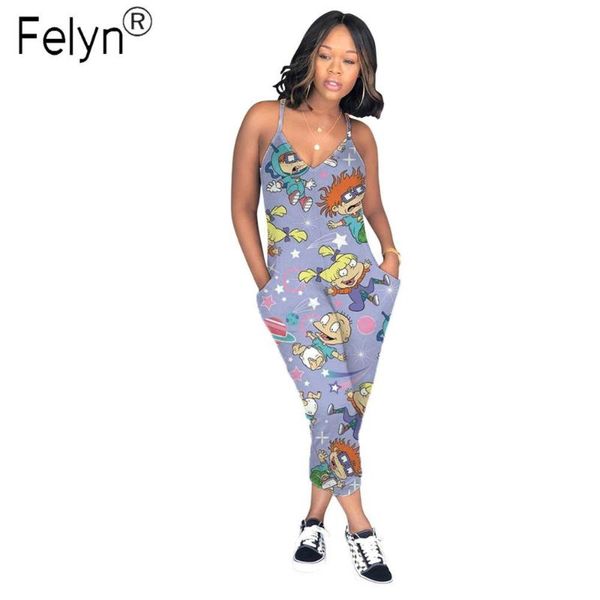 

felyn 2020 oversize jumpsuits cartoon print spaghetti strap summer casual bodycon rompers, Black;white