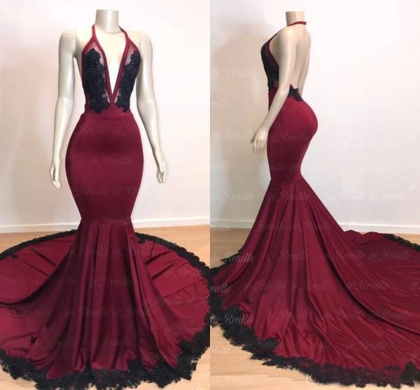 

2019 Sexy Burgundy with Black Prom Dresses Deep V Neck Backless Lace Applique Evening Dresses Sweep Train Mermaid Party Gowns