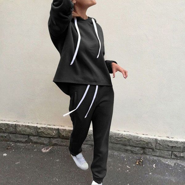 

2pcs women sport sets solid color hooded sweatshirt and pant tracksuit sport suit female tracksuit outfits running suits#1107g5, White;black