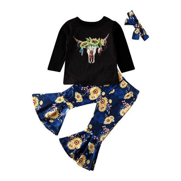 

toddler baby girl sunflower clothes long sleeve t-shirt pants 3pcs outfits, White