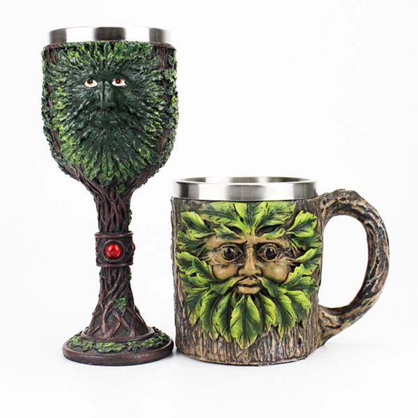 

gothic wine goblet with green tree leaf man retro stainless steel&resin wine cup birthday halloween gifts drinkware home decor