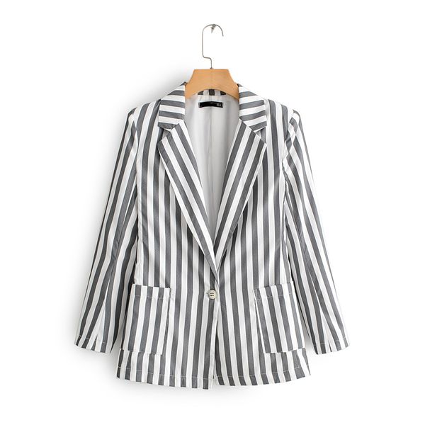 

chic single button striped blazers 2019 fashion women elegant ladies notched collar office-wear blazer coats casual casaco femme, White;black