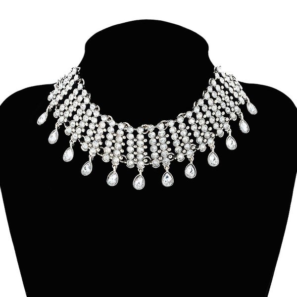 

elegant women full rhinestone drop tassel pendant short necklace formal dress neck decoration clavicular chain choker jewelry, Silver