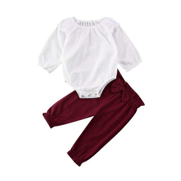 

0-24m infant baby kid girl clothes sets solid long-sleeved romper + pants autumn clothes, White