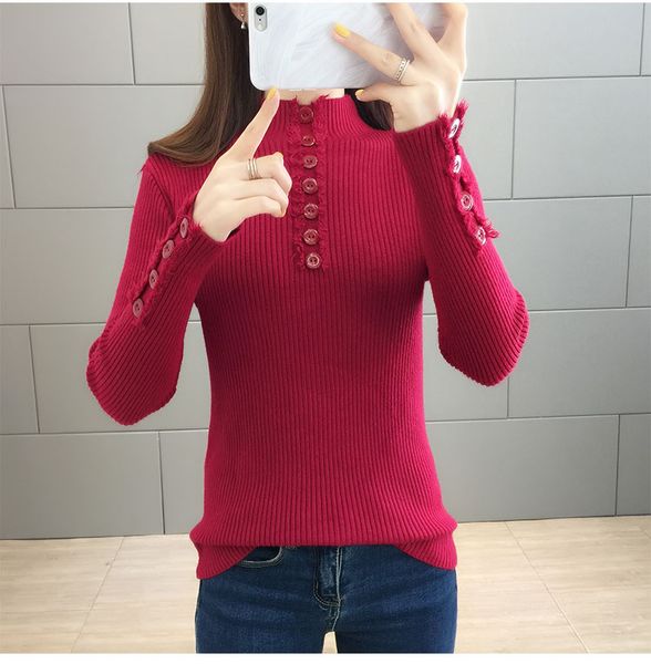 

casual buttons sweater women turtleneck solid autumn winter female knitted sweater pullovers long sleeve korean jumper top, White;black