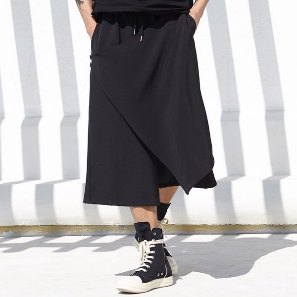 

men japan dark style casual wide leg pants male streetwear hip hop gothic fashion loose skirt pant harem trousers, Black