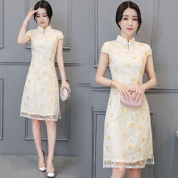 

2019 cheongsam vintage chinese style short dress womens lace qipao party dresses chinese dress cheongsam satin, Red
