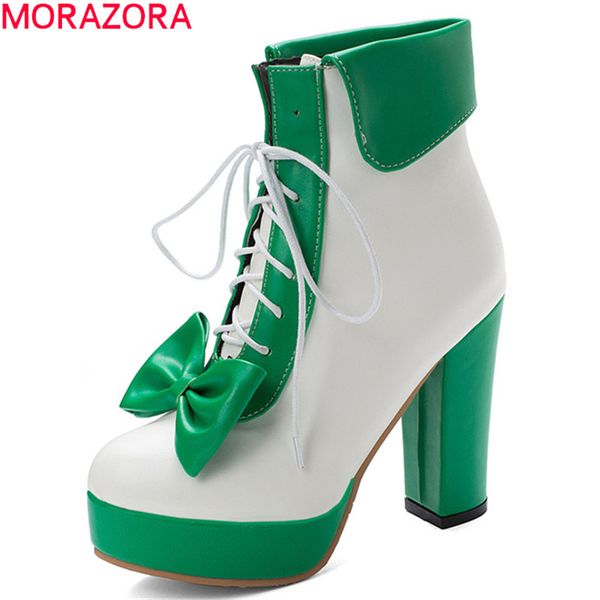 

morazora 2020 women ankle boots bowknot lace up high heels party wedding shoes ladies platform booties big size 48, Black
