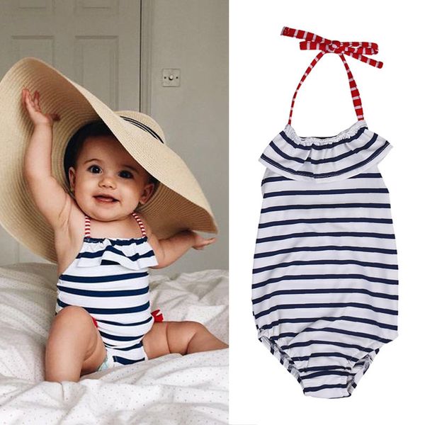 

2020 kids girls полосатый холтер купальник lotus leaf swimwear one piece эластичный купальник купальник для девочек детский купальник