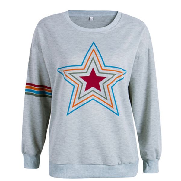 

women ladies autumn casual hoodies loose fashion long sleeve fashion cotton star o-neck gray, Black