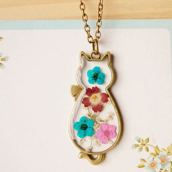 

vintage dried flower handmade epoxy resin necklace girl cat neck pendant women bronze jewelry, Silver