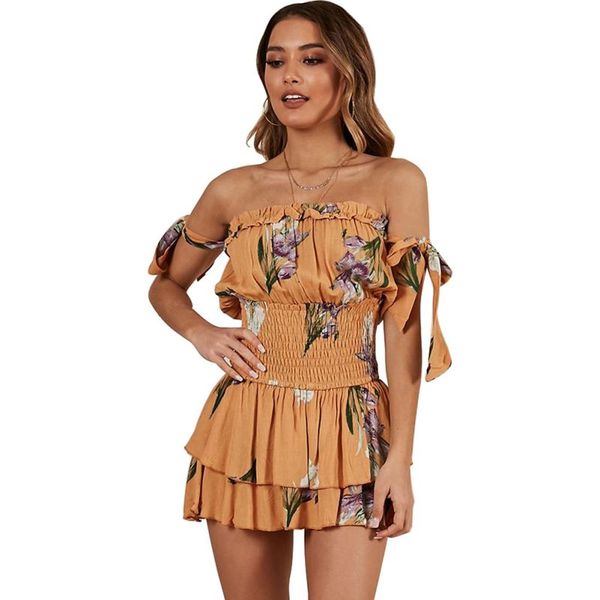 

ropalia women off shoulder chiffon short jumpsuit bow sleeve summer jumpsuits floral print boho beach playsuit fashion rompers, Black;white
