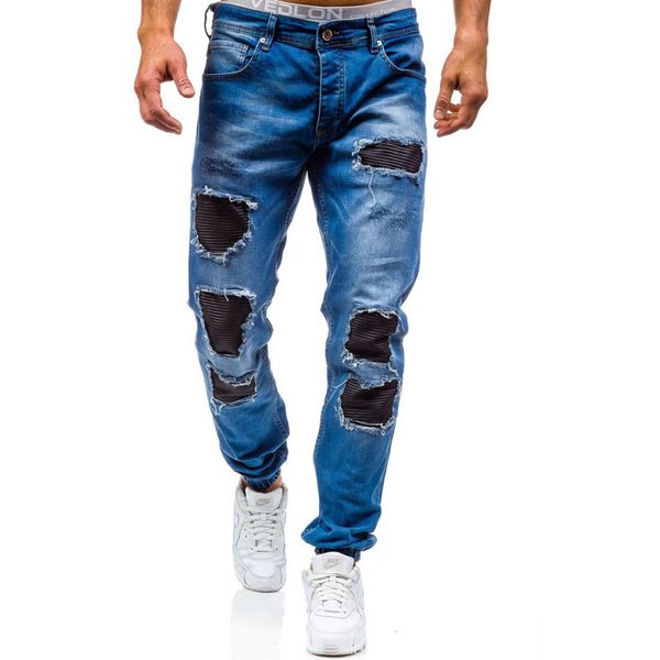 

fashion hole leisure tide jeans men's cotton long trousers 2 color denim trousers casual straight jeans men bottoms big size 38, Blue