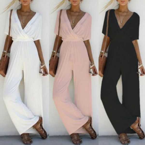 

Women Fashion Vogue Elegant Summer Jumpsuits 3 Style Short Sleeve V-Neck Elastic Waist Solid Straight Loose Clothes