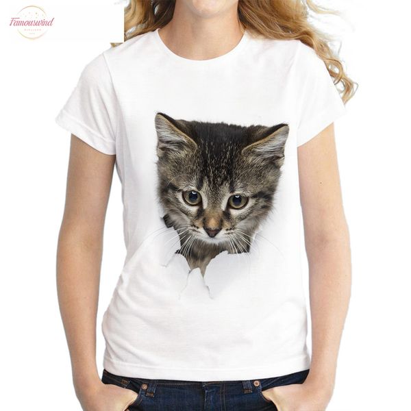 

2020 summer naughty cat 3d lovely t shirt women printing originality o neck short sleeve t shirt letter tee, White