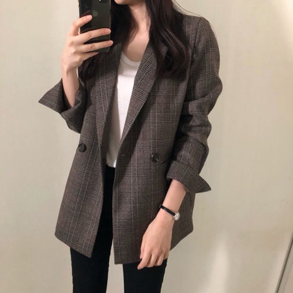 

spring autumn plaid single button vintage retro elegant loose outerwear female lady women blazer suit, White;black