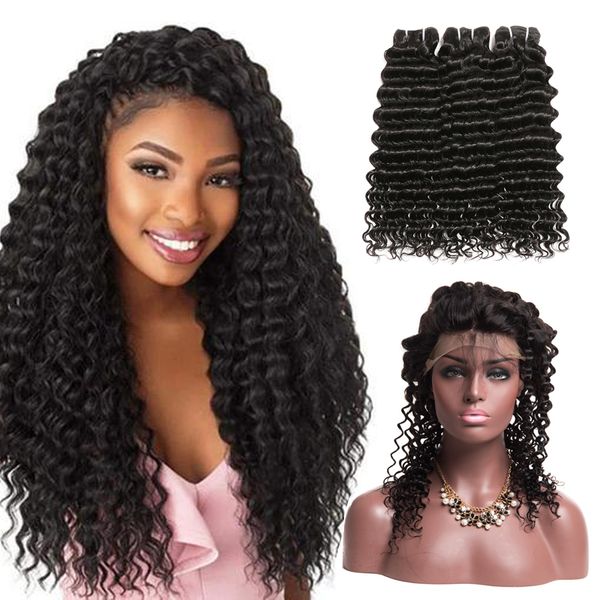 

deep wave связки с закрытием 360 кружева фронтальная с bundle перуанский связки человеческих волос с лобной закрытие remy выдвижения волос b, Black;brown