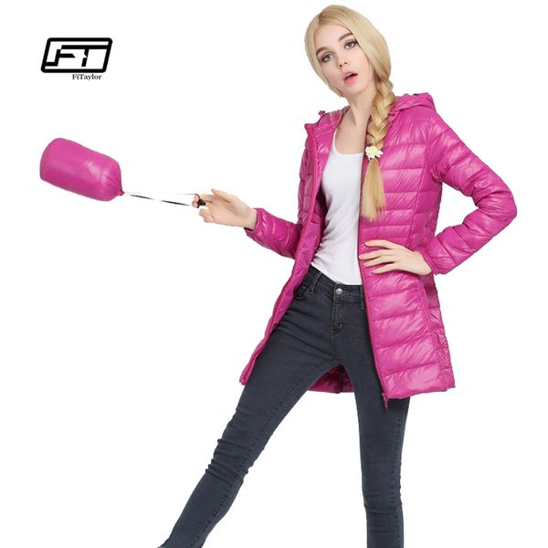 

fitaylor осень зима женщины ultra light утка вниз пальто с капюшоном куртки тонкий средние длинные плюс размер ветровки толщина шинель, Black