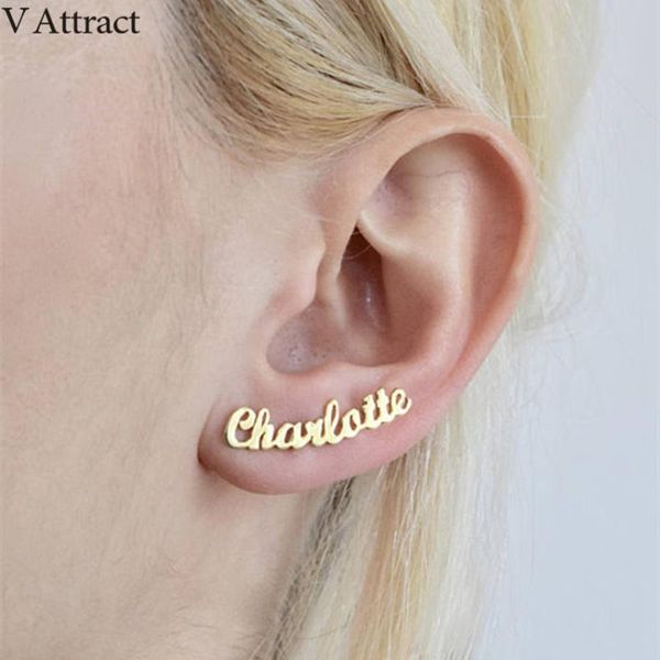 

v attract stainless steel personalized name stud earrings for women handmade custom jewelry bridesmaid gift rose gold oorbellen, Golden;silver