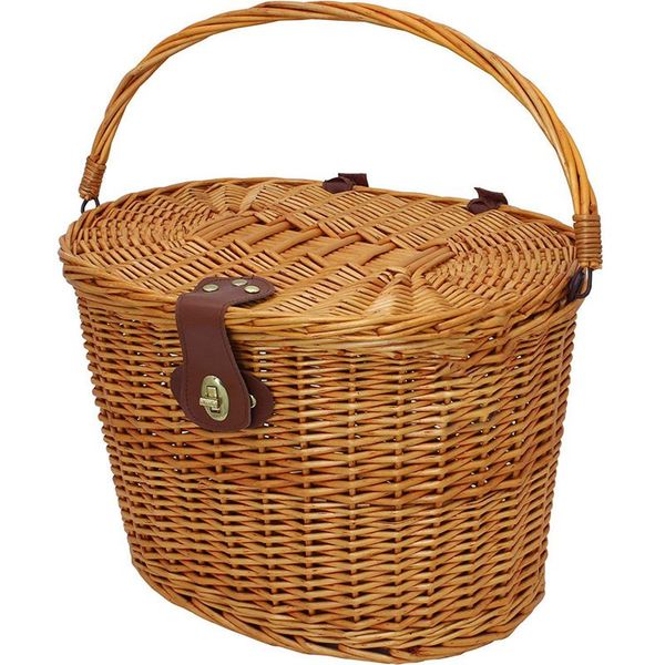 

vintage wicker bicycle basket with folding lid & leather straps