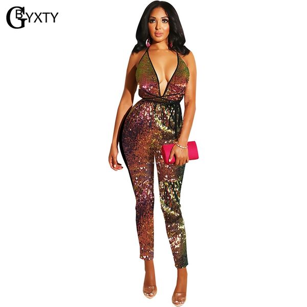 

gbyxty deep v-neck backless night club jumpsuit and rompers women sequined bandage bodycon jumpsuit femme overalls zl098, Black;white