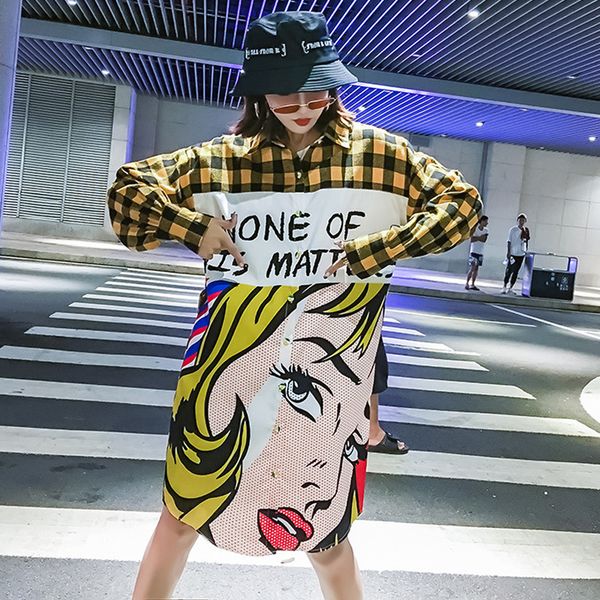 

yellow and black plaid long blouse women girls print blouses casual loose lapel long-sleeved shirt ladies spring shirts, White