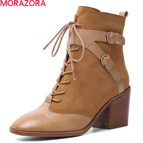 

morazora 2020 genuine leather women brand boots fashion square heels lace up casual women boots winter ladies shoes, Black