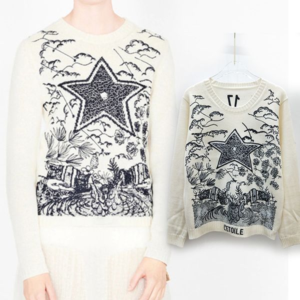 

chic women round neck sweater knitted winter new oversized landscape pullover wool sweaters pentagram letters jumpers, White;black