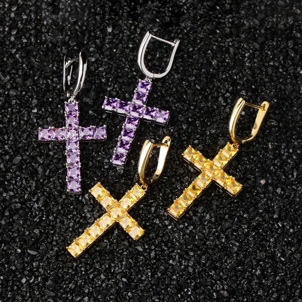 

hip hop cross dangle earrings for men women copper iced out cubic zircon bling earrings hiphop rock rapper jewelry gifts, Silver