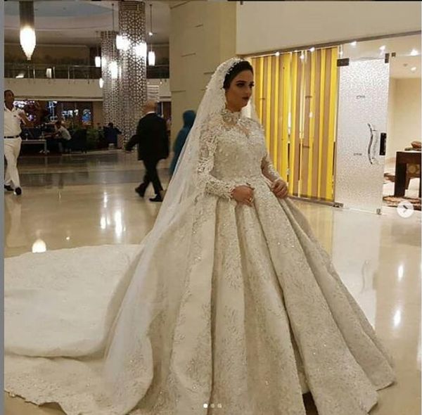 

ball gown lace long sleeve high neck wedding dresses crystal princess country wedding dress bridal gowns vestidos de novia, White