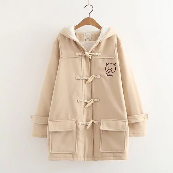 

2019 winter cartoon bear embroidery horn button thicken pink khaki woolen hooded outwear coat mori girl winter, Black