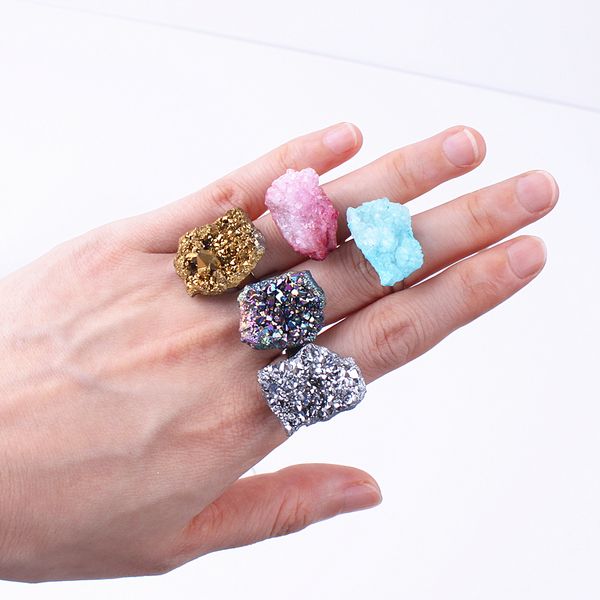 

1pc agates ring geode natural quartz stone cluster crystal adjustable rings finger joint ring