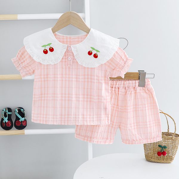

summer turndown collar plaid short-sleeved kit korean version of the children's fashion shorts sweet two-piece set, White