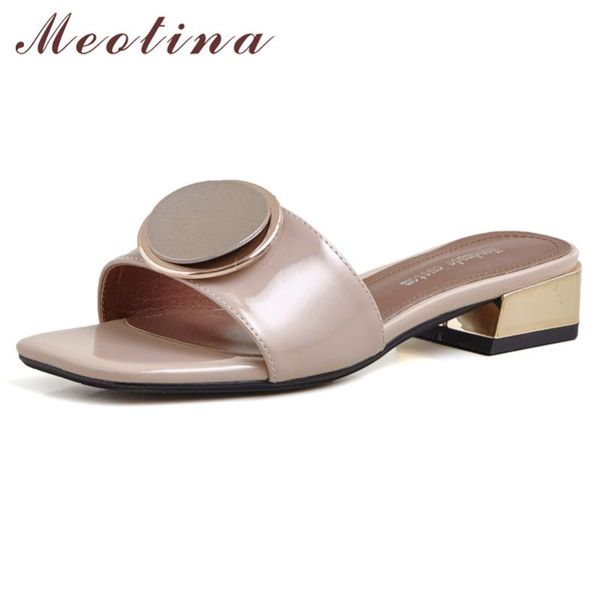 

meotina metal decoration real leather slippers women shoes square toe low heel slides lady summer sandals apricot plus size 40, Black