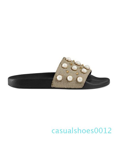 

mens womens fashion pearls and studs embellished rubber flats slippers causal beach rubber slide sandals with box and dust bags 12c, Black