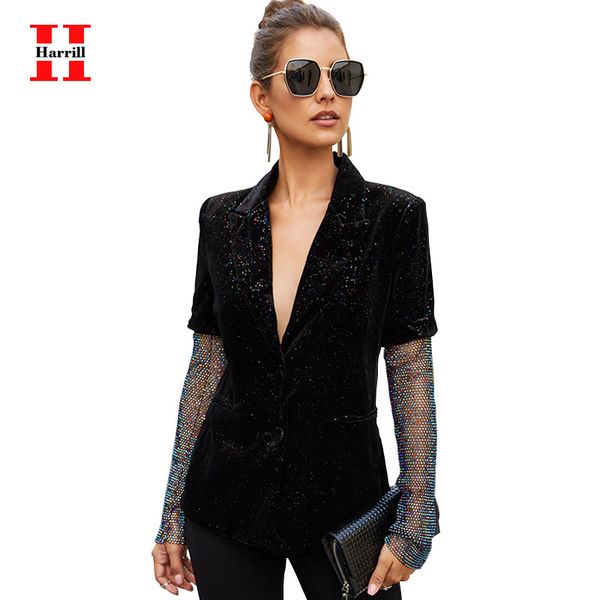 

harrill streetwear jacket women outwear black velvet coat sequins decorative sleeves patchwork slim jackets women outerwear, Black;brown