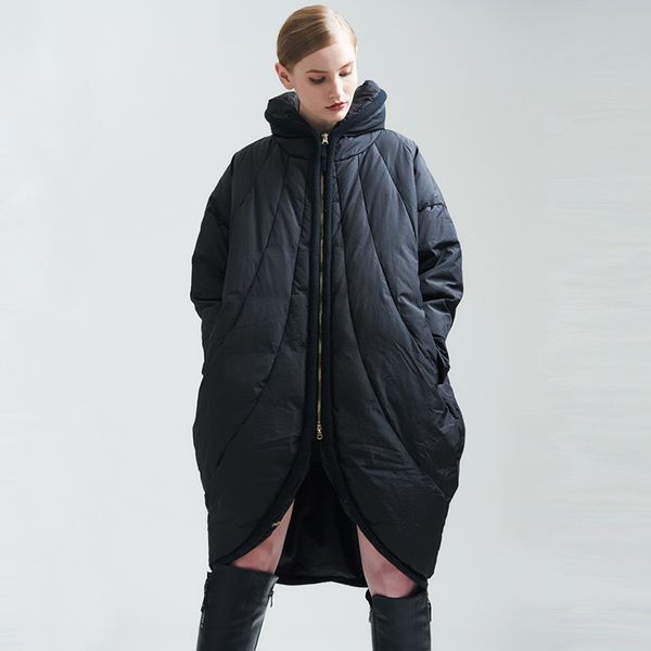 

fyyiyi women's thick cloak down jacket white duck down 90% loose large size jackets casual long asymmetric slim black coats