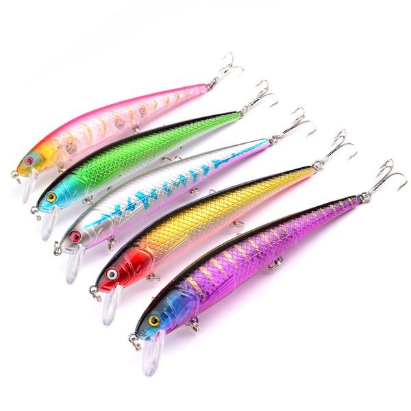 DHL grátis Atacado 5 Cores de Plástico 6 # 3 Ganchos Minnow Isca De Pesca 12.5 cm 17g Grande Profundo Sea Bass Crankbait Artificial Wobbler