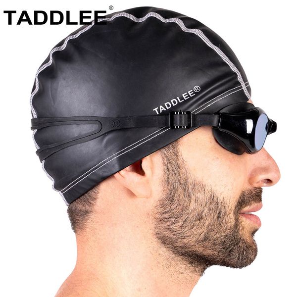 

taddlee brand swimming cap men silicone lycra swim hat pool pu fabric swim hat waterproof wear accessories large size