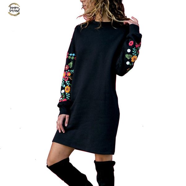 

dresses women winter mini dress elegant floral print long sleeve o-neck loose warm dress black streeetwear vestido, Black;gray