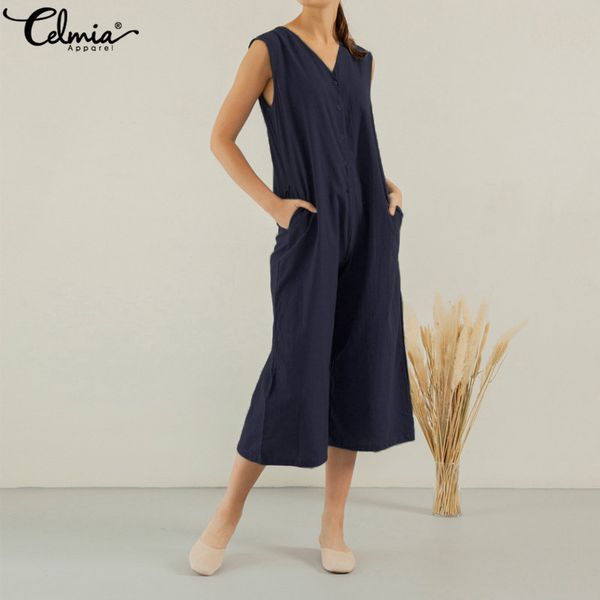 

celmia women jumpsuits 2019 summer wide leg pants sleeveless rompers dungaree overall pockets casual loose pants femme plus size, Black;white