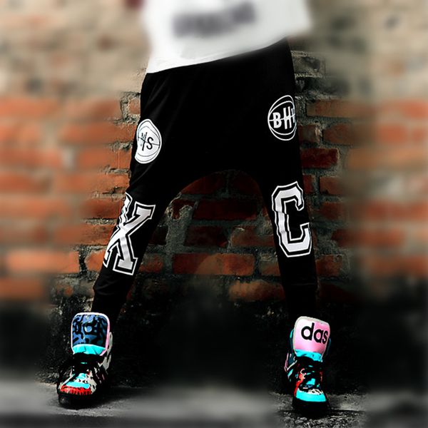 

just.be.never hiphop dance harem pants winter loose letter printing casual trousers elastic waist hip hop black xc baggy slacks, Black;white